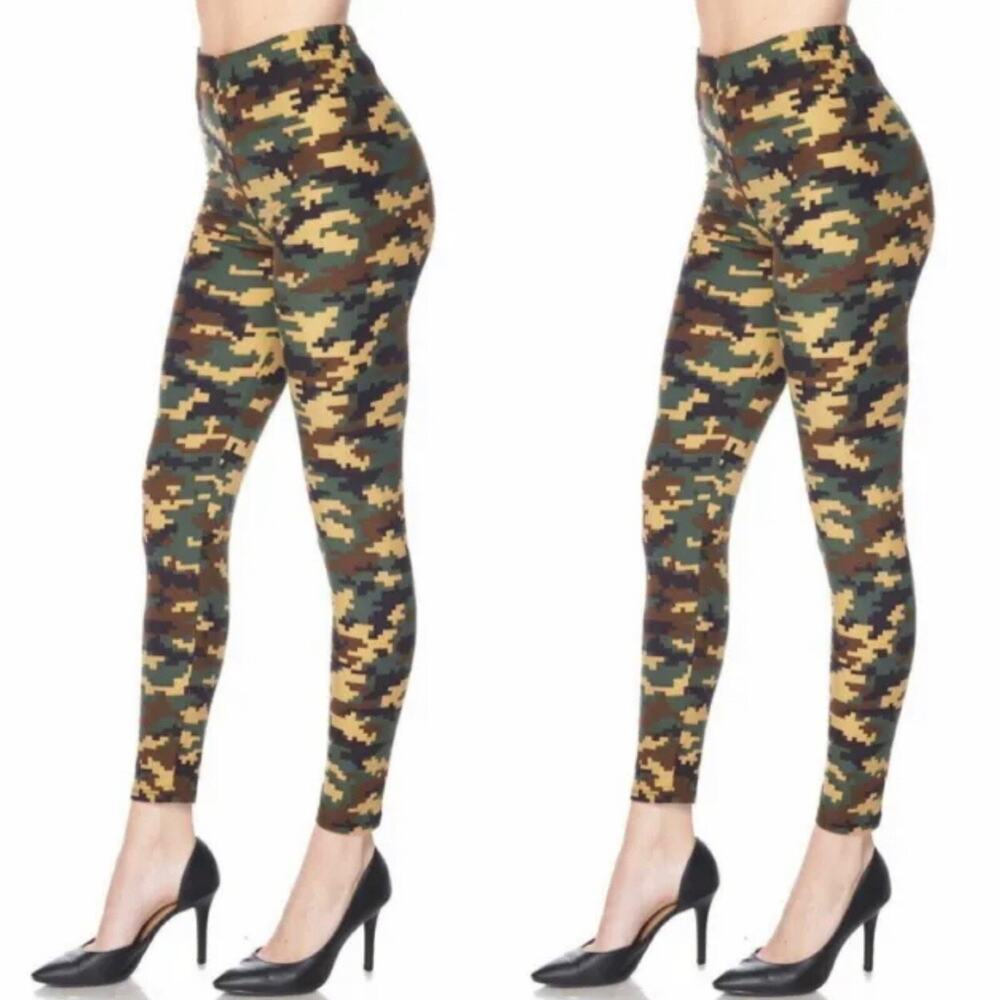 2 Women's Printed Pixel Soft Comfy‎ Full Leggings Ankle One Size Green